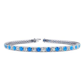 3 Carat Blue Topaz And Diamond Tennis Bracelet In 14 Karat White Gold, 6 1/2 Inches