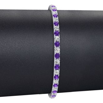 3 2/3 Carat Amethyst And Diamond Tennis Bracelet In 14 Karat White Gold, 8 1/2 Inches