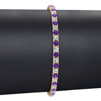 3 1/4 Carat Amethyst And Diamond Tennis Bracelet In 14 Karat Yellow Gold, 7 1/2 Inches