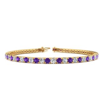 3 3/4 Carat Amethyst And Diamond Tennis Bracelet In 14 Karat Yellow Gold, 9 Inches