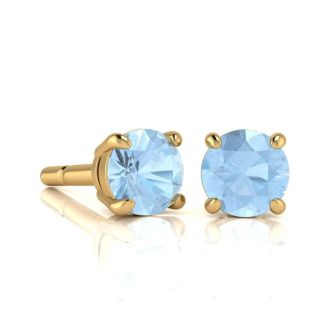 Aquamarine Earrings: Aquamarine Jewelry: 1 Carat Round Shape Aquamarine Stud Earrings In 14K Yellow Gold Over Sterling Silver