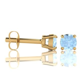 Aquamarine Earrings: Aquamarine Jewelry: 1 Carat Round Shape Aquamarine Stud Earrings In 14K Yellow Gold Over Sterling Silver