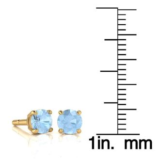 Aquamarine Earrings: Aquamarine Jewelry: 1 Carat Round Shape Aquamarine Stud Earrings In 14K Yellow Gold Over Sterling Silver