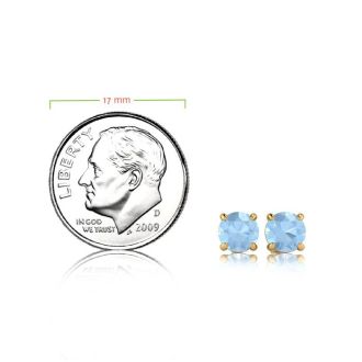 Aquamarine Earrings: Aquamarine Jewelry: 1 Carat Round Shape Aquamarine Stud Earrings In 14K Yellow Gold Over Sterling Silver