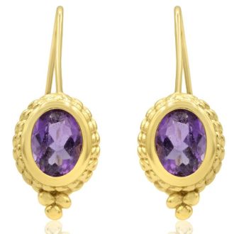 2 Carat Oval Amethyst Dangle Earrings With Rope Detail In 14K Yellow Gold Over Sterling Silver
