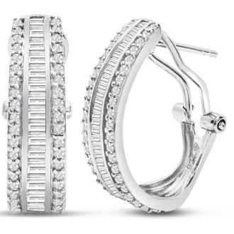 1 Carat Baguette and Round Colorless Diamond Hoop Earrings In Sterling Silver. Amazing Looking For A Great Price!