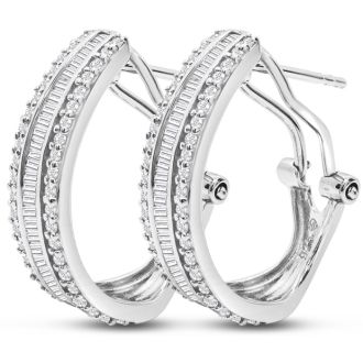 1 Carat Baguette and Round Colorless Diamond Hoop Earrings In Sterling Silver. Amazing Looking For A Great Price!