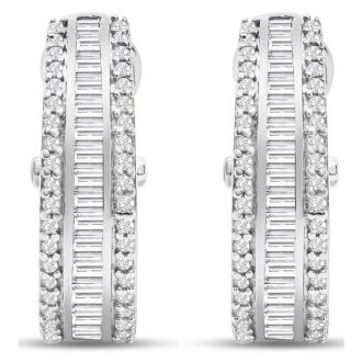 1 Carat Baguette and Round Colorless Diamond Hoop Earrings In Sterling Silver. Amazing Looking For A Great Price!