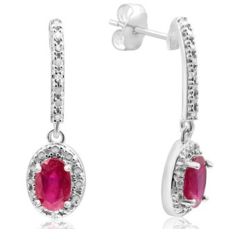 1 1/3ct Ruby and Diamond Oval Drop Earrings In Sterling Silver