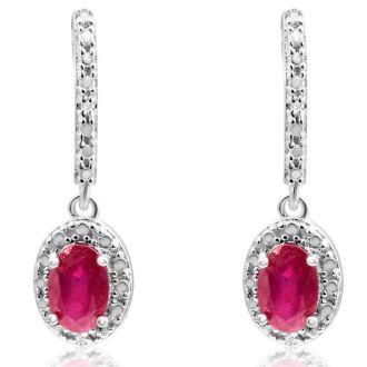 1 1/3ct Ruby and Diamond Oval Drop Earrings In Sterling Silver