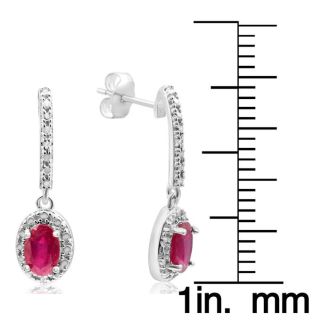 1 1/3ct Ruby and Diamond Oval Drop Earrings In Sterling Silver
