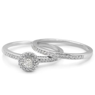 1/4ct Pave Diamond Bridal Set, Round Brilliant Center In Sterling Silver