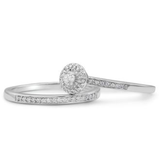 1/4ct Pave Diamond Bridal Set, Round Brilliant Center In Sterling Silver