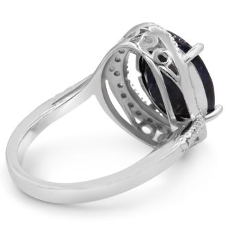 5 1/2 Carat Sapphire and Halo Diamond Ring In Sterling Silver.