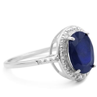 Incredible Large 4 Carat Oval Shape Sapphire and Halo Diamond Ring In Sterling Silver