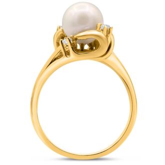 Round Freshwater Cultured Pearl and 1/10ct Diamond Ring In 14 Karat Yellow Gold