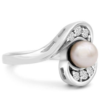Round Freshwater Cultured Pearl and 1/5ct Diamond Ring In 14 Karat White Gold