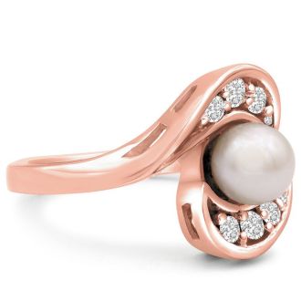 Round Freshwater Cultured Pearl and 1/5ct Diamond Ring In 14 Karat Rose Gold