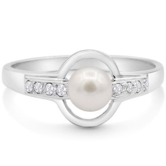 Round Freshwater Cultured Pearl and Diamond Accent Ring In 14 Karat White Gold