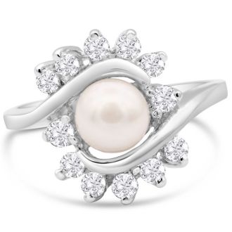 Round Freshwater Cultured Pearl and 1/2 Carat Halo Diamond Ring In 14 Karat White Gold
