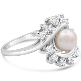 Round Freshwater Cultured Pearl and 1/2 Carat Halo Diamond Ring In 14 Karat White Gold
