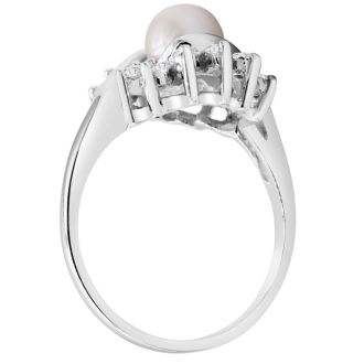 Round Freshwater Cultured Pearl and 1/2 Carat Halo Diamond Ring In 14 Karat White Gold