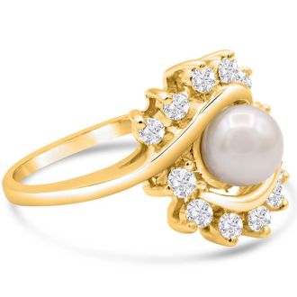 Round Freshwater Cultured Pearl and 1/2 Carat Halo Diamond Ring In 14 Karat Yellow Gold