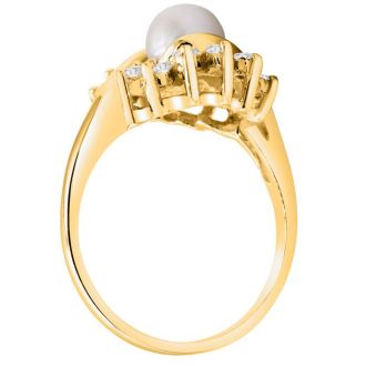 Round Freshwater Cultured Pearl and 1/2 Carat Halo Diamond Ring In 14 Karat Yellow Gold