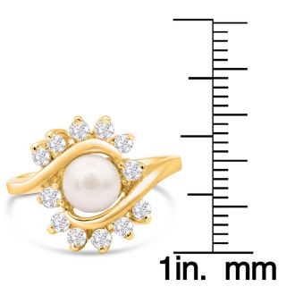 Round Freshwater Cultured Pearl and 1/2 Carat Halo Diamond Ring In 14 Karat Yellow Gold