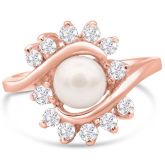 Round Freshwater Cultured Pearl and 1/2 Carat Halo Diamond Ring In 14 Karat Rose Gold