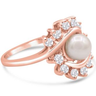 Round Freshwater Cultured Pearl and 1/2 Carat Halo Diamond Ring In 14 Karat Rose Gold