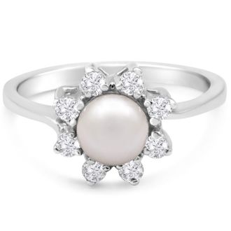 Round Freshwater Cultured Pearl and 1/3 Carat Halo Diamond Ring In 14 Karat White Gold