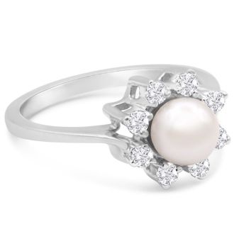 Round Freshwater Cultured Pearl and 1/3 Carat Halo Diamond Ring In 14 Karat White Gold