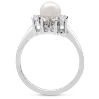Round Freshwater Cultured Pearl and 1/3 Carat Halo Diamond Ring In 14 Karat White Gold