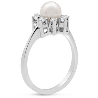 Round Freshwater Cultured Pearl and 1/3 Carat Halo Diamond Ring In 14 Karat White Gold