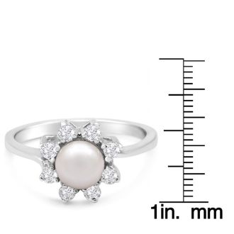 Round Freshwater Cultured Pearl and 1/3 Carat Halo Diamond Ring In 14 Karat White Gold