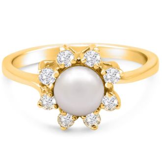 Round Freshwater Cultured Pearl and 1/3 Carat Halo Diamond Ring In 14 Karat Yellow Gold