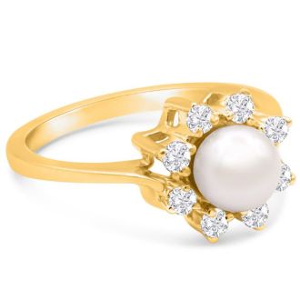 Round Freshwater Cultured Pearl and 1/3 Carat Halo Diamond Ring In 14 Karat Yellow Gold