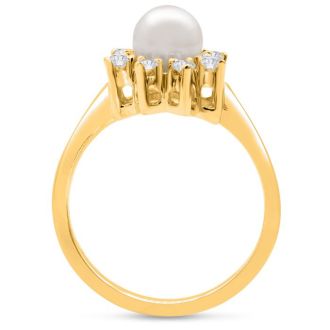 Round Freshwater Cultured Pearl and 1/3 Carat Halo Diamond Ring In 14 Karat Yellow Gold