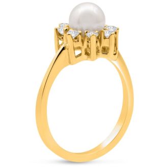 Round Freshwater Cultured Pearl and 1/3 Carat Halo Diamond Ring In 14 Karat Yellow Gold