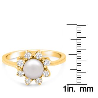 Round Freshwater Cultured Pearl and 1/3 Carat Halo Diamond Ring In 14 Karat Yellow Gold