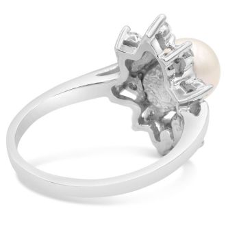 Round Freshwater Cultured Pearl and Halo Diamond Ring In 14 Karat White Gold