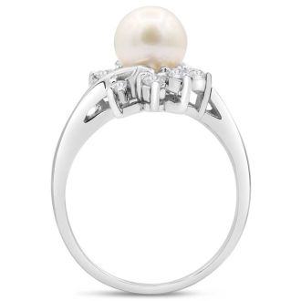 Round Freshwater Cultured Pearl and Halo Diamond Ring In 14 Karat White Gold