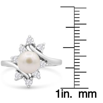 Round Freshwater Cultured Pearl and Halo Diamond Ring In 14 Karat White Gold