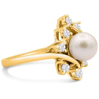Round Freshwater Cultured Pearl and Halo Diamond Ring In 14 Karat Yellow Gold
