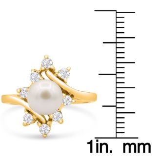 Round Freshwater Cultured Pearl and Halo Diamond Ring In 14 Karat Yellow Gold