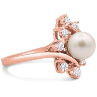Round Freshwater Cultured Pearl and Halo Diamond Ring In 14 Karat Rose Gold
