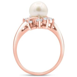 Round Freshwater Cultured Pearl and Halo Diamond Ring In 14 Karat Rose Gold