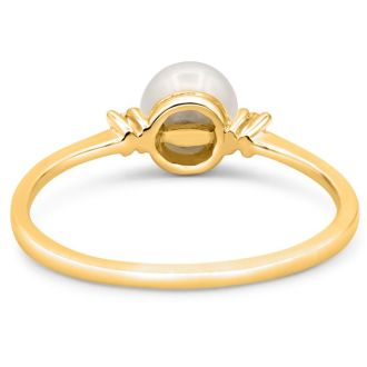 Round Freshwater Cultured Pearl and Diamond Accent Ring In 14 Karat Yellow Gold, Great For Ring Finger Or Pinky!