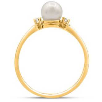 Round Freshwater Cultured Pearl and Diamond Accent Ring In 14 Karat Yellow Gold, Great For Ring Finger Or Pinky!